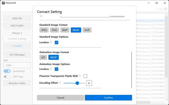PixConvert 변환 포맷 설정 화면